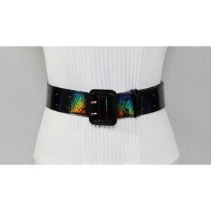 Womens Wide Belt Small Med Black Patent Leather Double Punch Holes Throughout